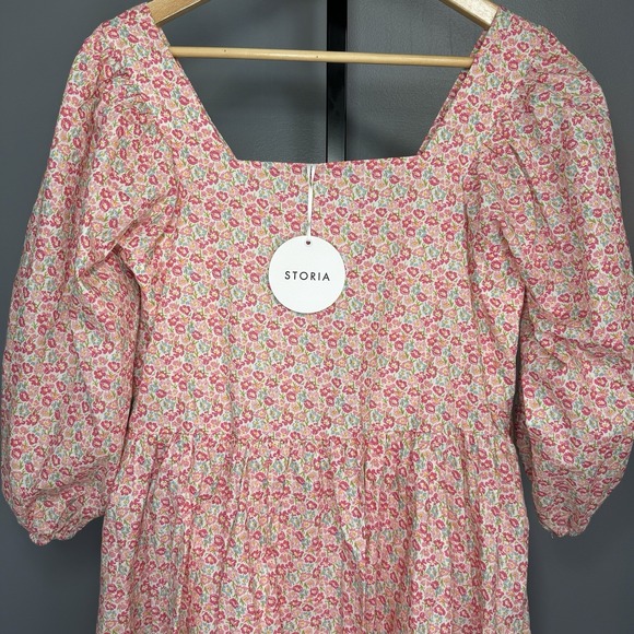 Storia Women's Floral Puff Sleeve Babydoll Mini Dress Size M Cottage NWT - Picture 1 of 13